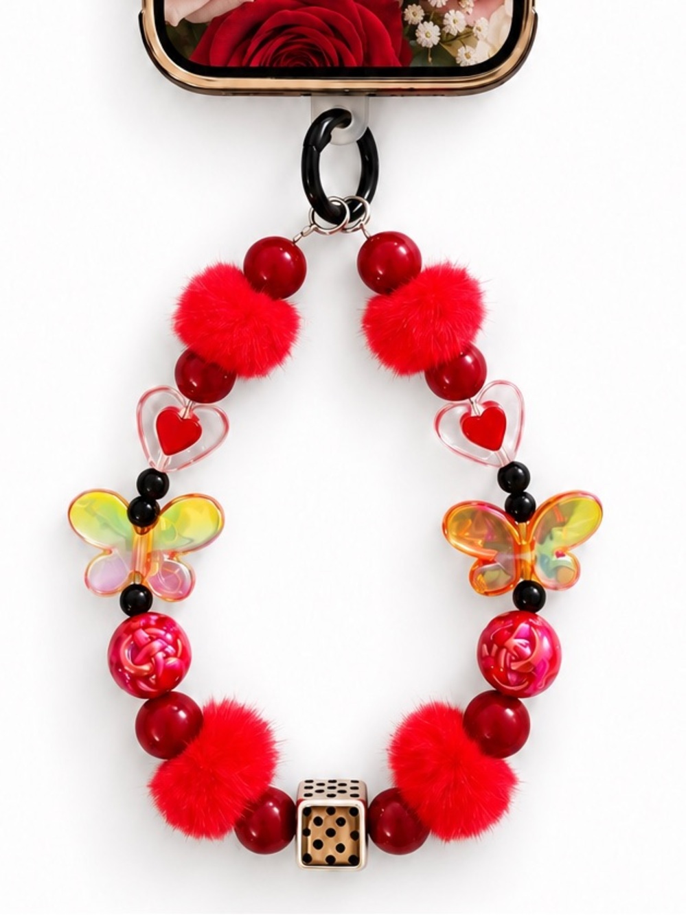 Red Bow Heart Love Iridescent Butterfly Faux Fur Pom Pom Bag Charm Phone Chain